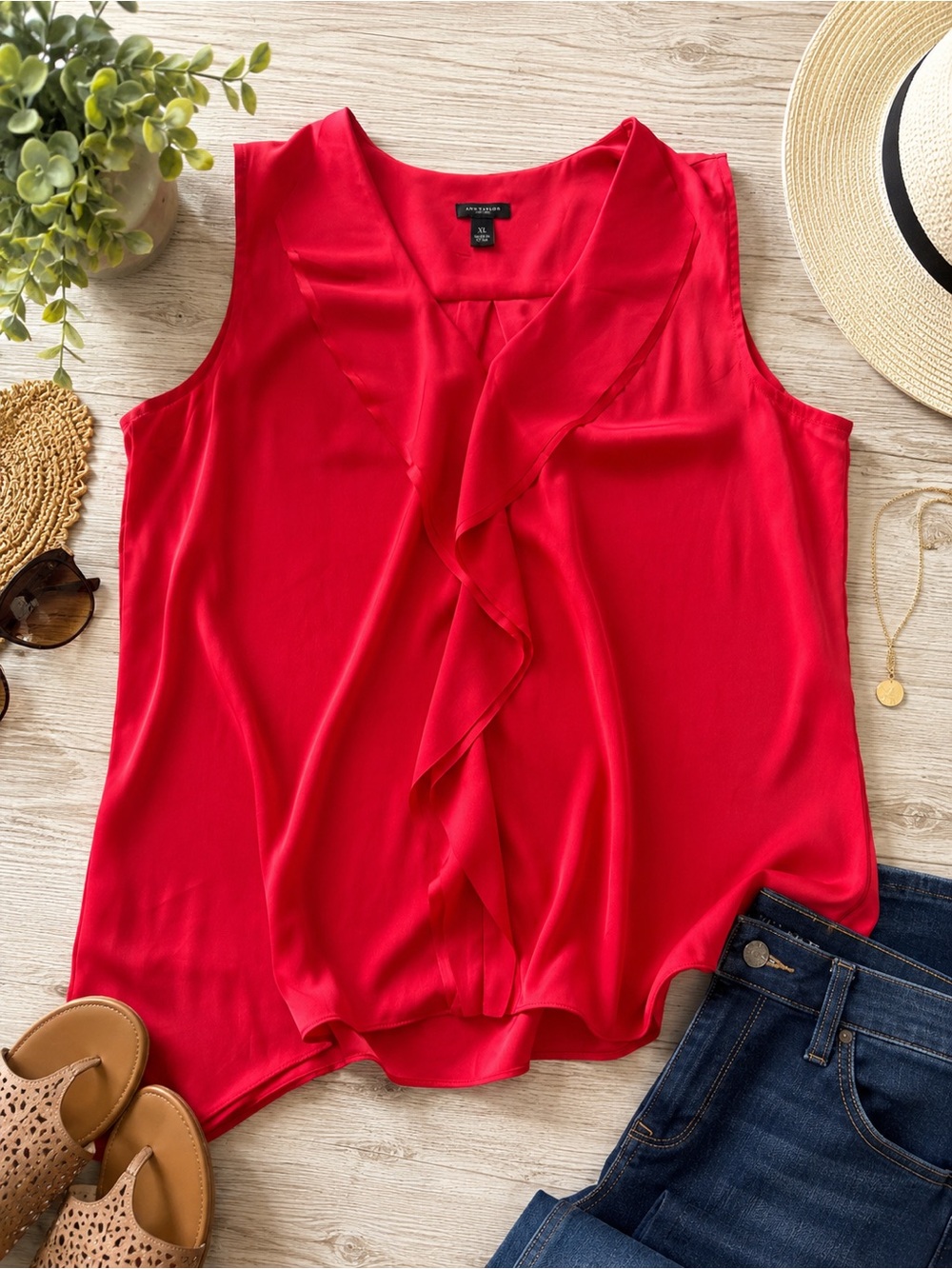Ann Taylor Red Ruffle Front Sleeveless Blouse | Size XL | Elegant Career Top